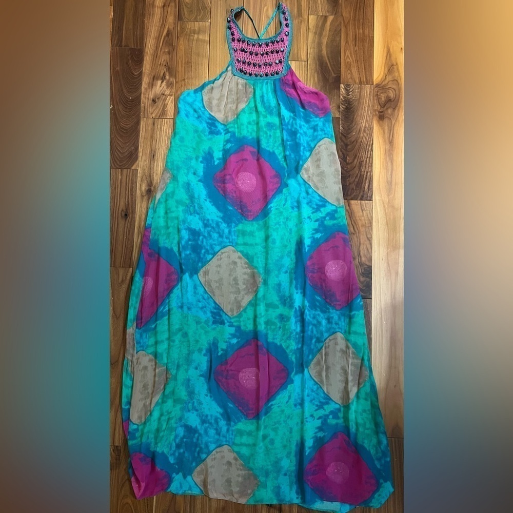 NWT Zara Beaded Halter Maxi Dress Sz M Bold‎ Watercolor Crochet Boho Free Spirit - Picture 11 of 12